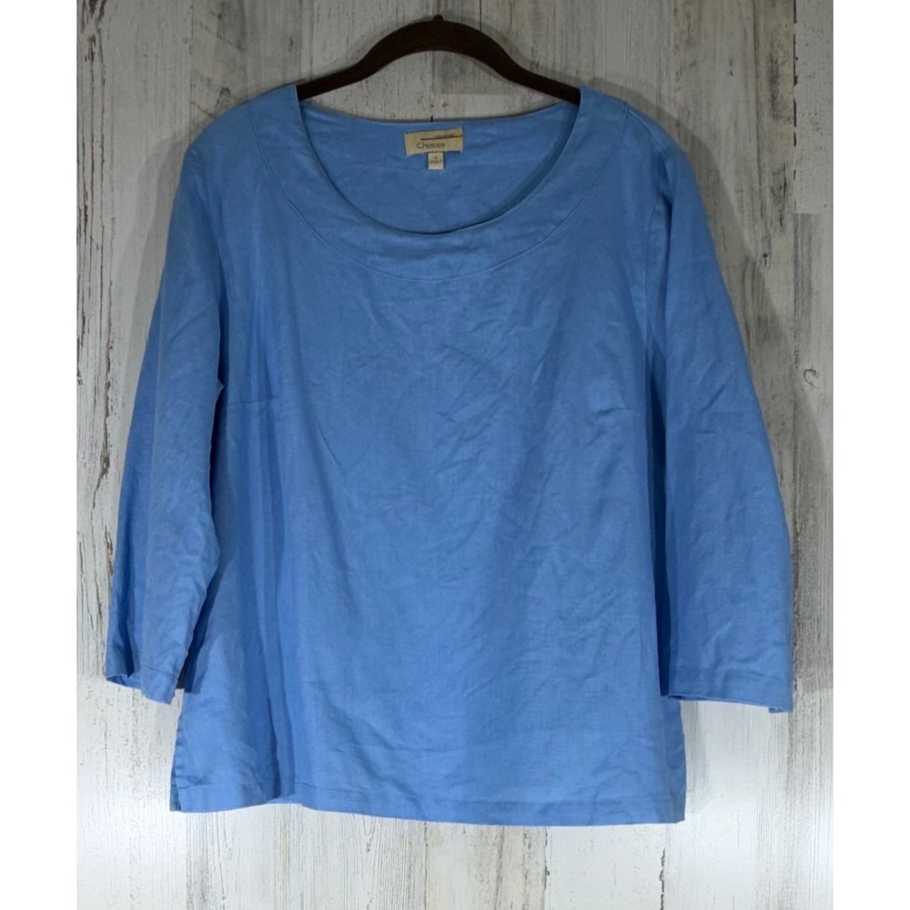 Choices Top Blue 100% Linen Size Medium 3/4 Sleeve Coastal Grandma Beach